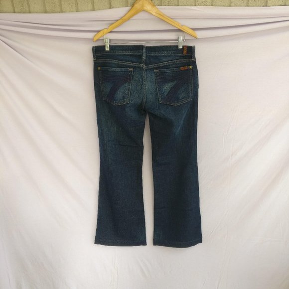 7fam Dojo Bootcut Jeans dark wash embroidered Logo Waist 29 stretchy =16-17.5" - Picture 2 of 5